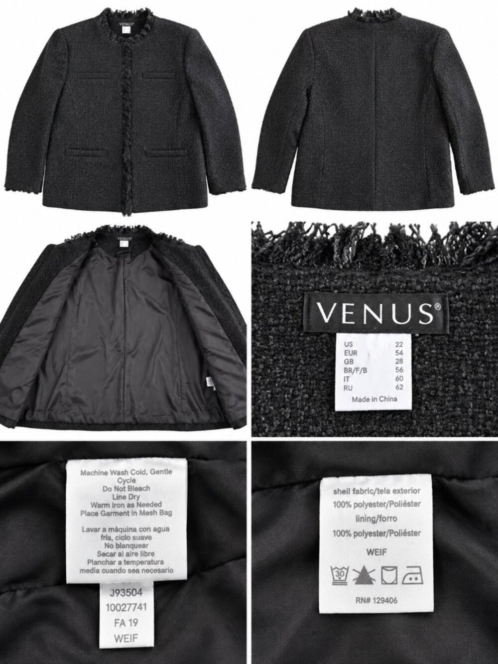 Venus Women's Black Tweed Fringe Collarless Jacket Size 22 Plus Open Front